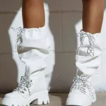 Bottes blanches mi mollet pour femmes bottes plates à lacets et bout rond Milanoo.com