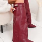 Bottes hautes femme bordeaux à talon carré et détails dorés
