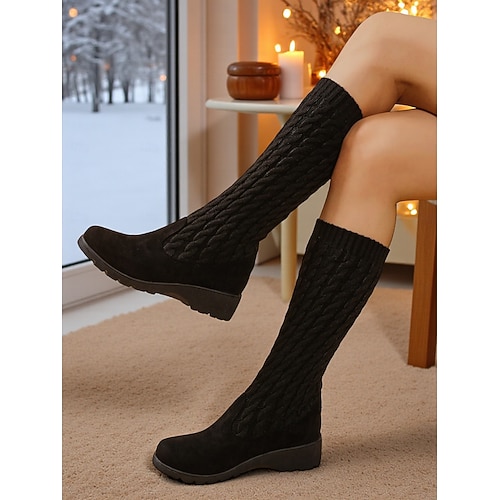 bottes-compensees-femme-125wfo.jpg Bottes d'hiver mi mollet en tricot noir pour femme – bottes compensées chaudes à enfiler pour le temps froid et les tenues décontractées de 2026 ? GBP £29 – Image 1