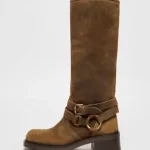 Bottes en daim hautes femmes bottes plates à bout carré et boucle marron foncé