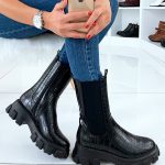 Bottes mi mollet noires effet croco avec semelle épaisse