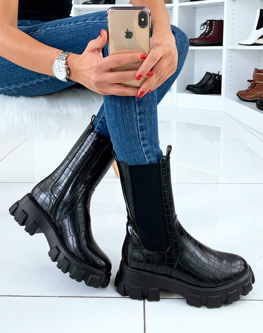 bottes-mi-mollet-323dnh-1.jpg Bottes mi mollet noires effet croco avec semelle épaisse – Image 1