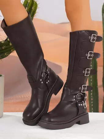 bottes-mi-mollet-572foe.webp Bottes mi mollet à talon épais et bout rond en cuir PU marron foncé avec boucle bottines femmes Milanoo.com – Image 1