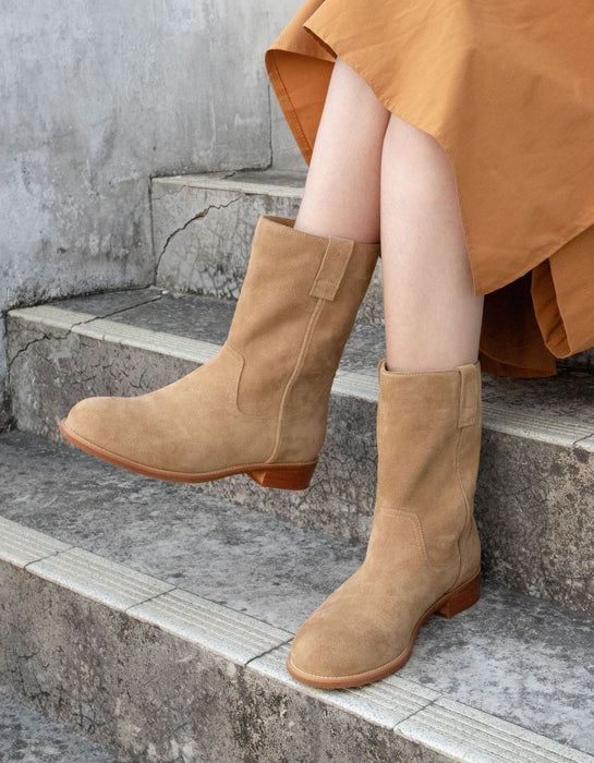 bottes-mi-mollet-600ozl-1.jpg Bottes mi mollet polyvalentes en cuir véritable et daim — Obiono – Image 1