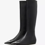 Bottes hautes noires à bout pointu bottes plates au genou pour femme