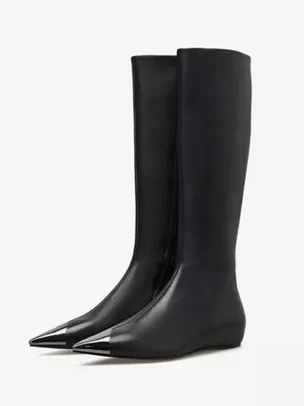 bottes-plates-noires-545dow.webp Bottes hautes noires à bout pointu bottes plates au genou pour femme – Image 1