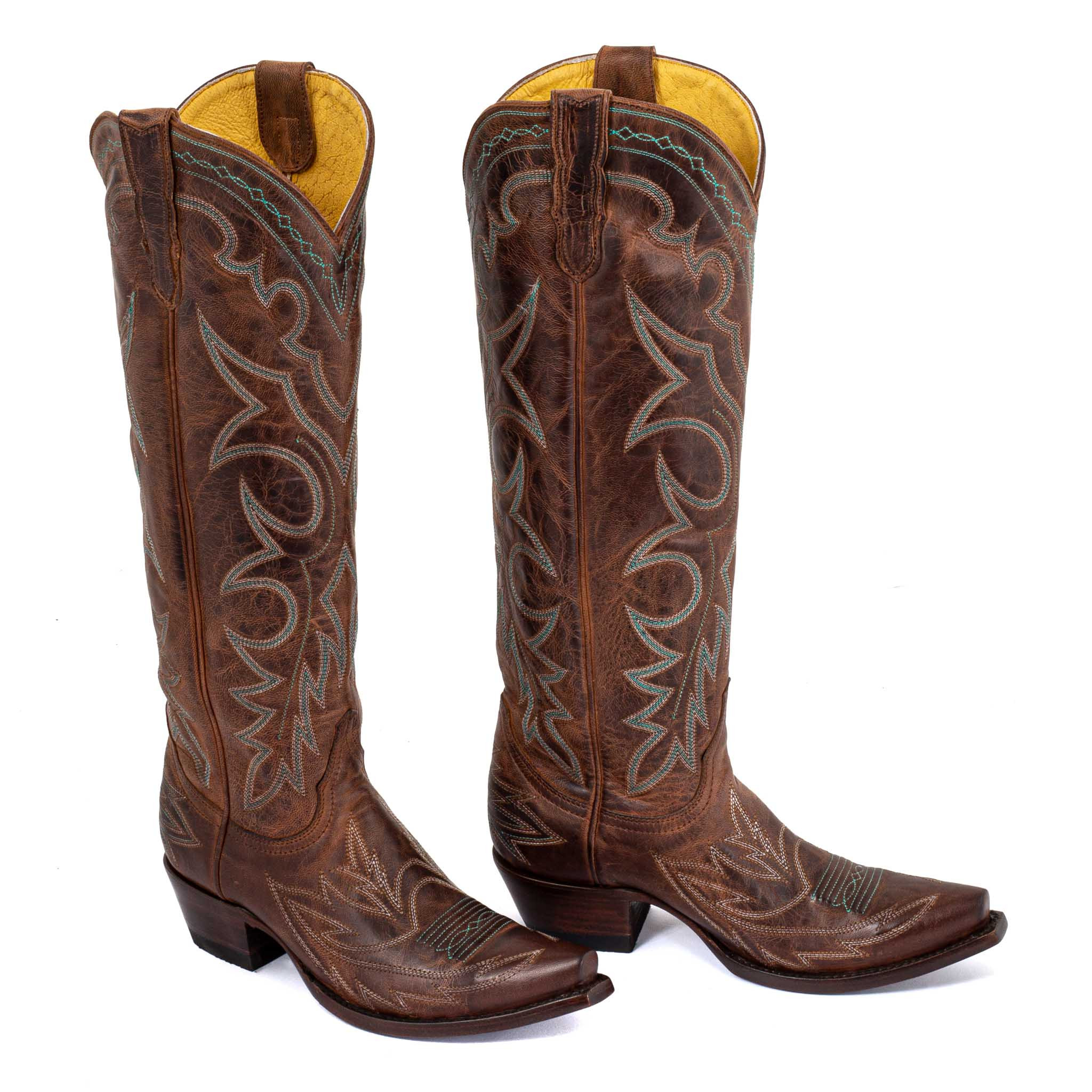 santiag-marron-106qxo-1.jpg Bottes santiags en cuir marron vieillis, surpiqures multicolores Fantasia rust Santiags femme – Image 1